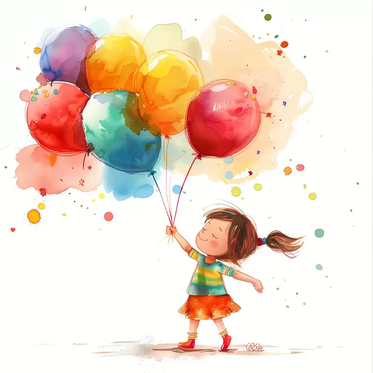 girl flying playful balloons watercolor