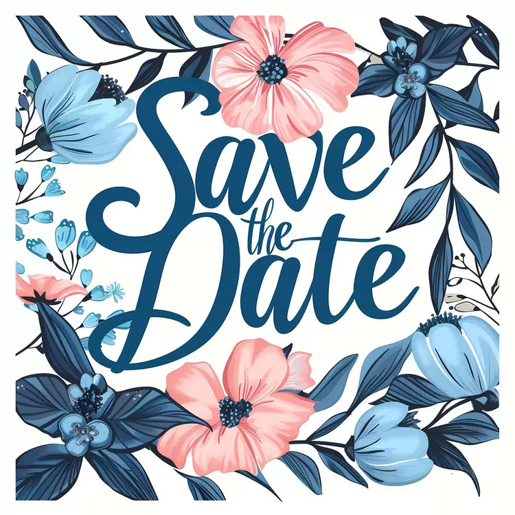 Botanical art Floral poster Blue and pink flowers Save the Date