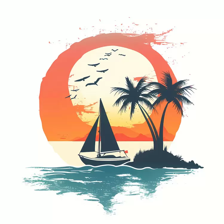 clouds palm trees tropical retro sailing