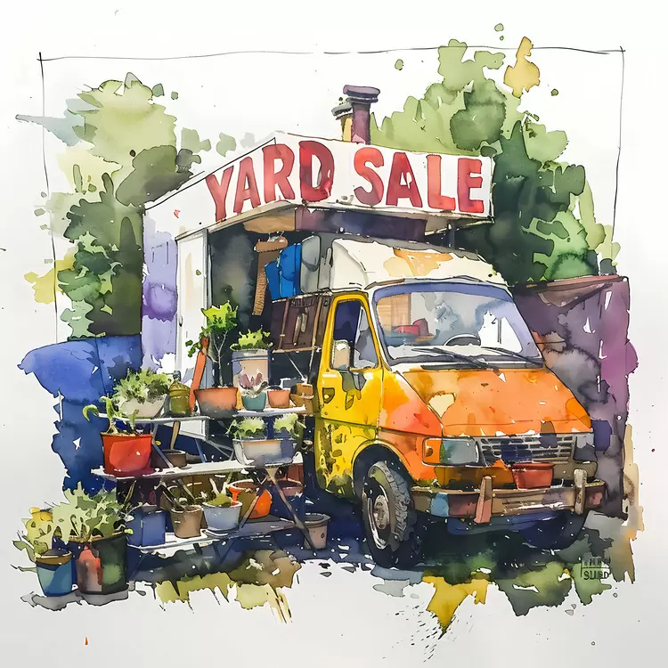 Flowers YARD SALE Vintage truck Greenery
