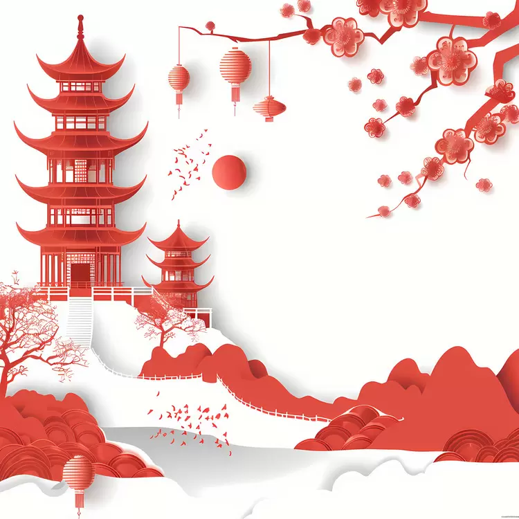 cherry blossoms paper cut landscape chinese style temple