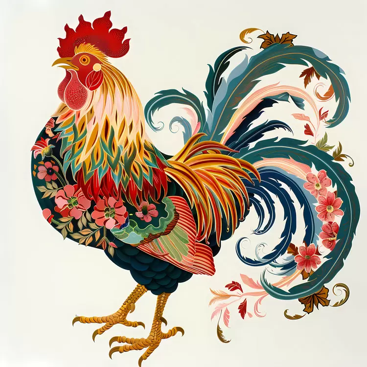 colorful rooster whimsical Chinese Zodiacs floral