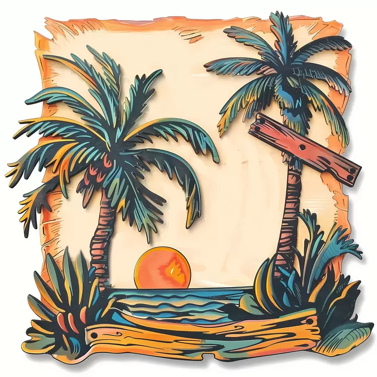 Signpost WoodenSign Ocean view Wooden sign Palm leaves