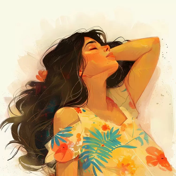 woman floral dress radiant beauty relaxing