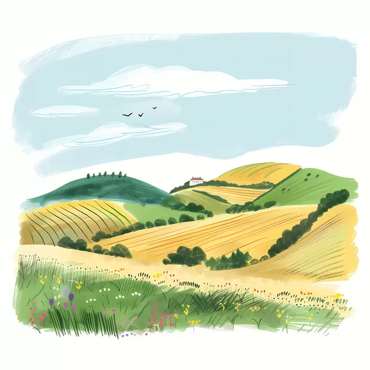 painting Countryside fields natural scenery peaceful