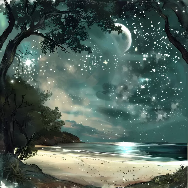 moonlit beach at night Seascape stars