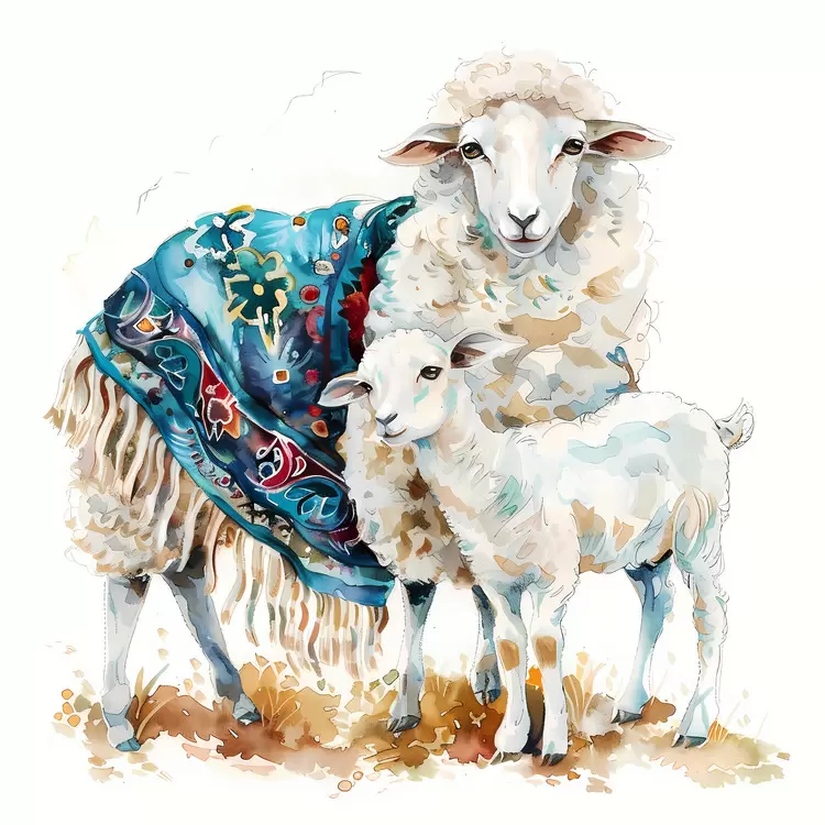 Eid al-Adha Colorful and cozy sheep watercolor stock photo blue and purple background Watercolor artwork of mother sheep and baby sheep