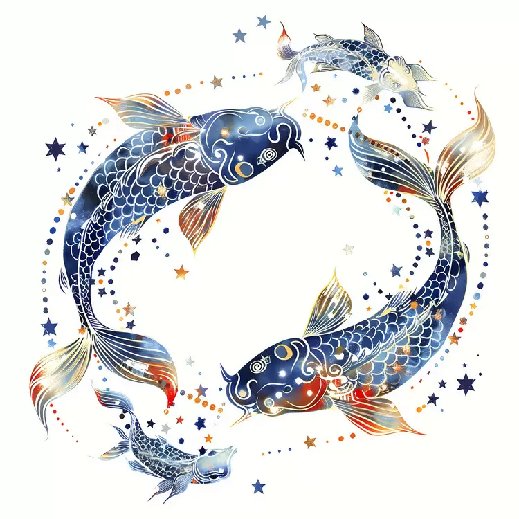 Pisces Stars Koi fish Flowers Circle