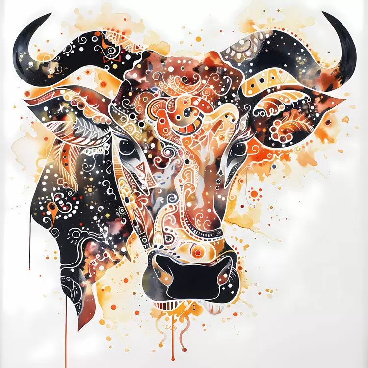 minimal intricate watercolor colorful bull
