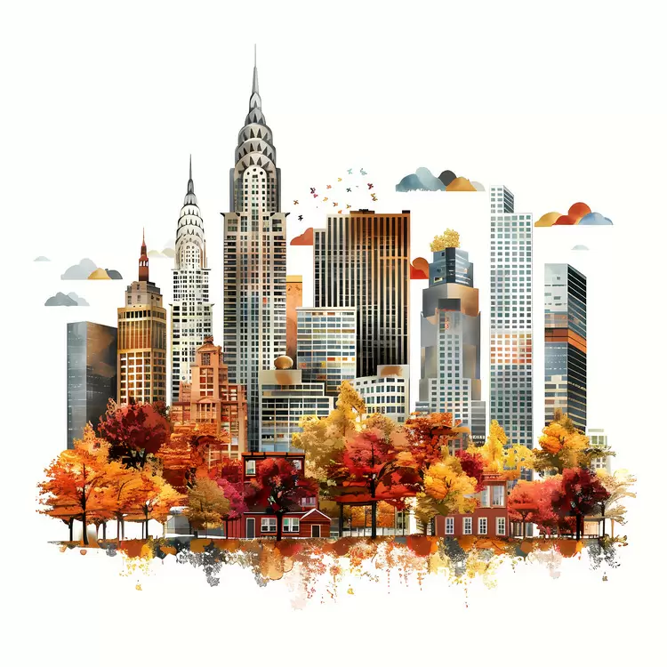 Cityscape with fall foliage New York City Skyscraper autumn
