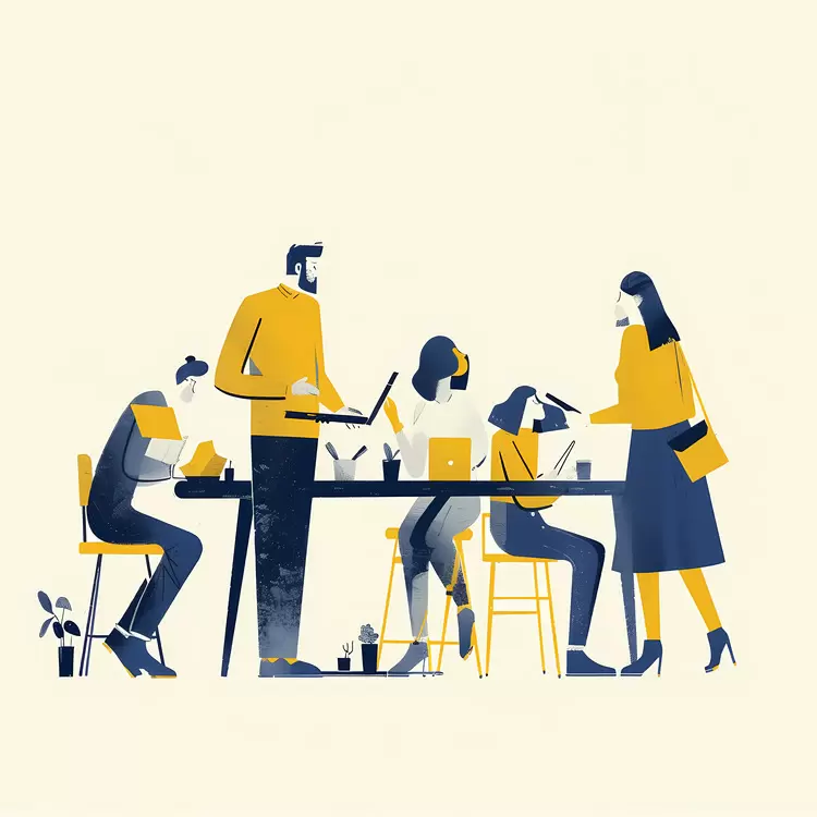 Human interaction Abstract illustration Inspiring design Yellow and blue color scheme Creative team work