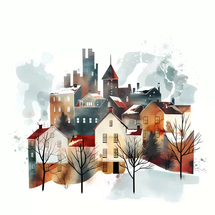 Watercolor Churches winter Buildings Townscape