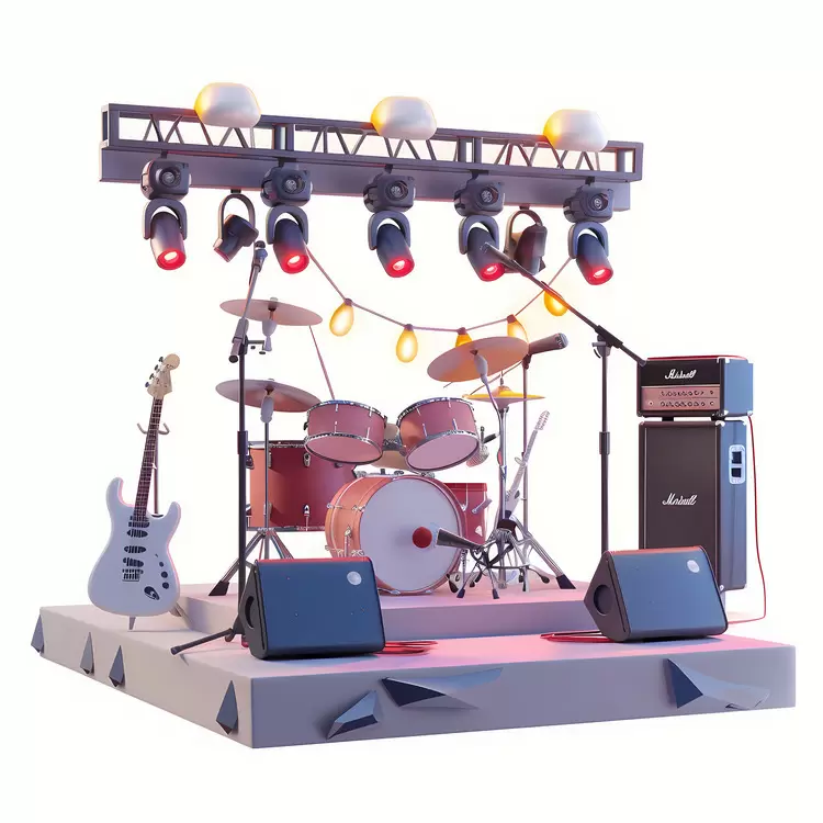 rock band concert speakers drum set keyboard