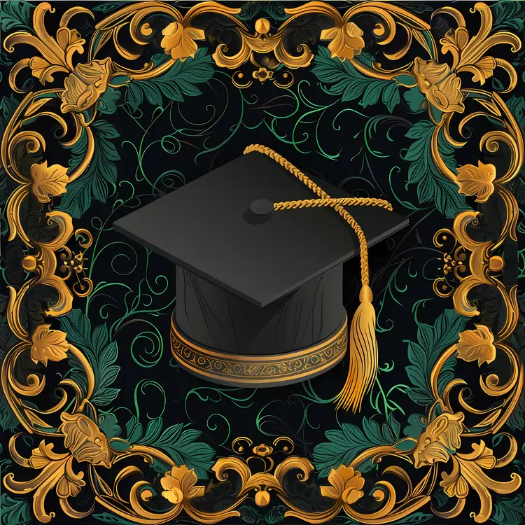 diploma black frame floral pattern graduation cap gold decorations