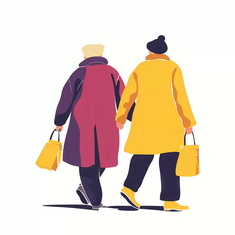 Senior Citizens Day joyful expression warm jackets elderly woman and man walking on sidewalk casual walk