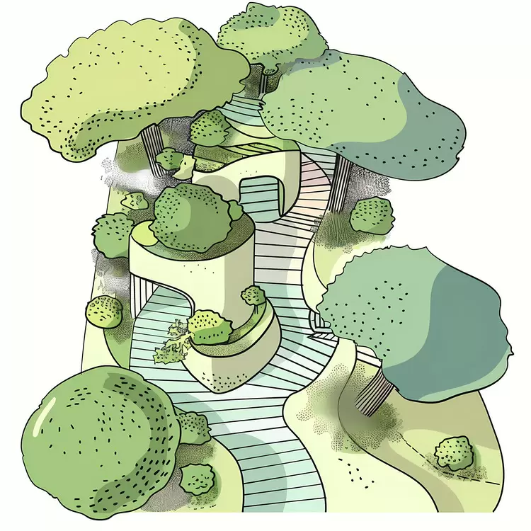 Landscape shrubs architecture tree top view plants pathway