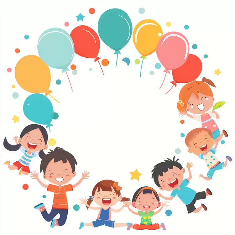 colorful balloons children jumping with balloons celebration of birthday smiling children children in a circle
