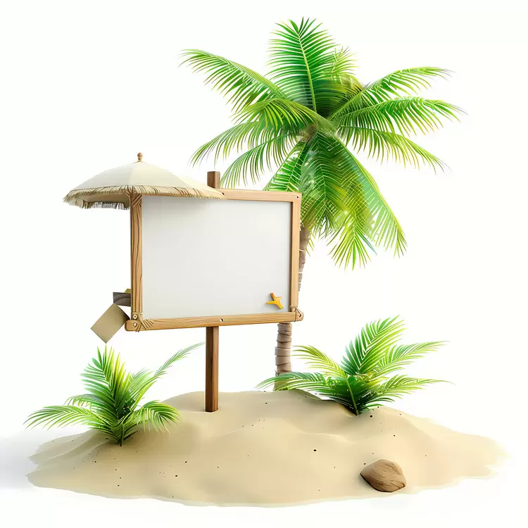 wood board Island Sun umbrella Tropical view Palm tree