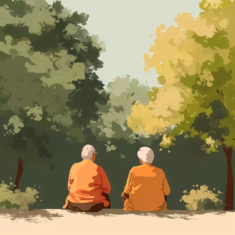 trees park elderly man and woman sitting looking at each other