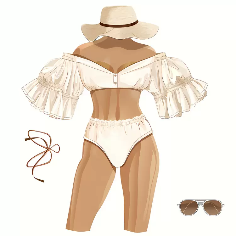 White hat with a brim White bikini top Brown lipstick summer Tan skin tone