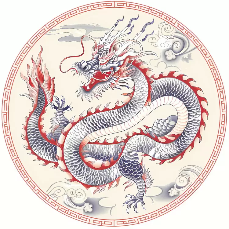 Red and blue Chinese dragon Round design Tattoo Traditional Chinese art
