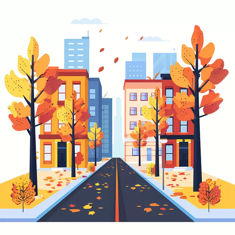 street view autumn apartment buildings colorful trees tree branches