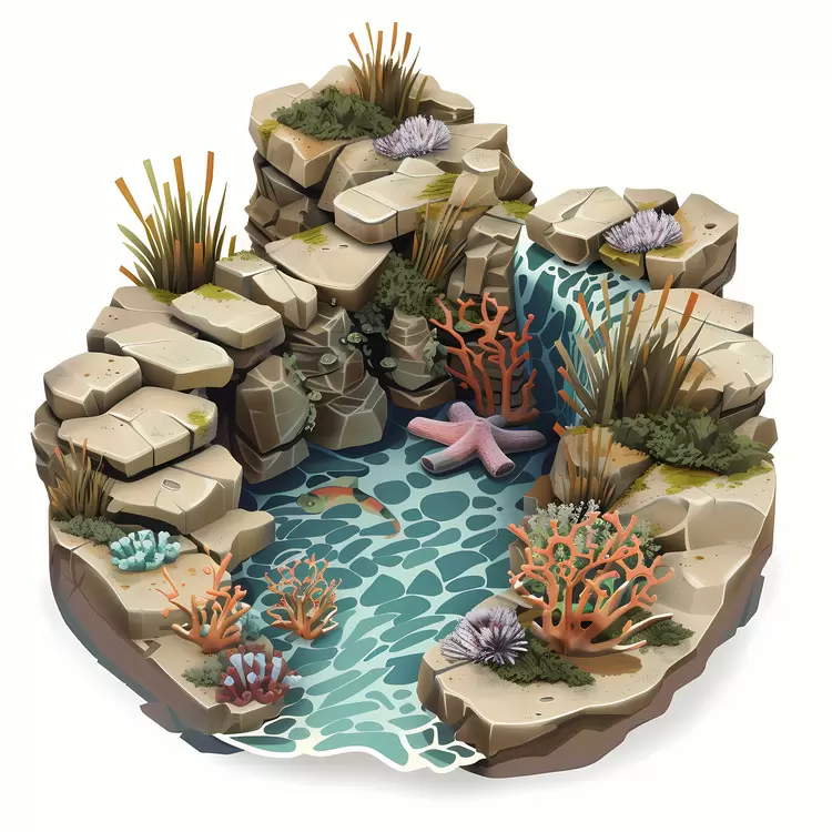 tide pool Underwater plants Fish swimming in an aquarium Jellyfish Fossilized coral