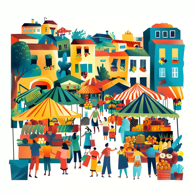 vibrant awnings people shopping for produce Lively market busy streets vibrant flags