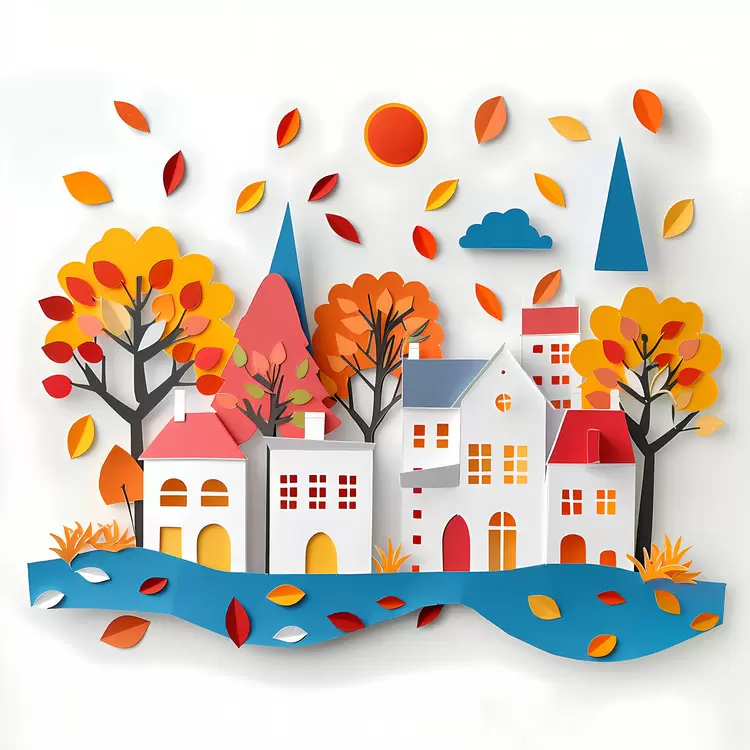 city fall foliage paper cutting trees urban landscape