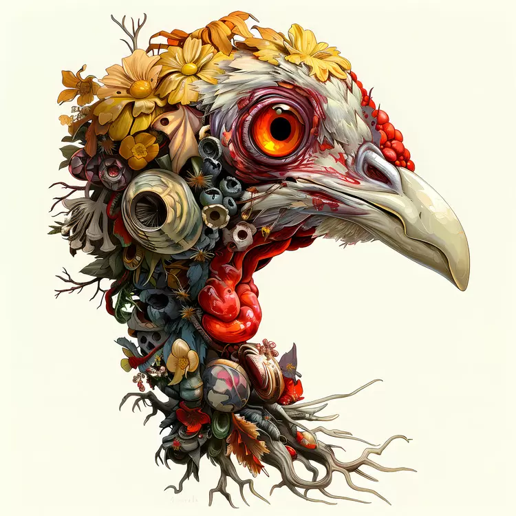 wings human leaves face rooster