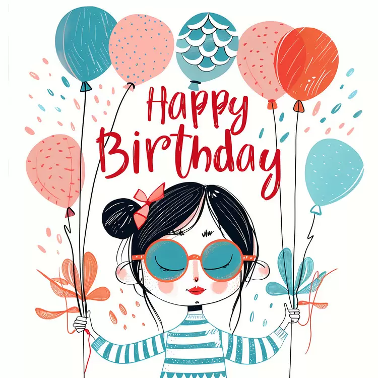 Hand Drawn Illustration Girl with Balloons Whimsical Art Colorful Balloons Happy Birthday