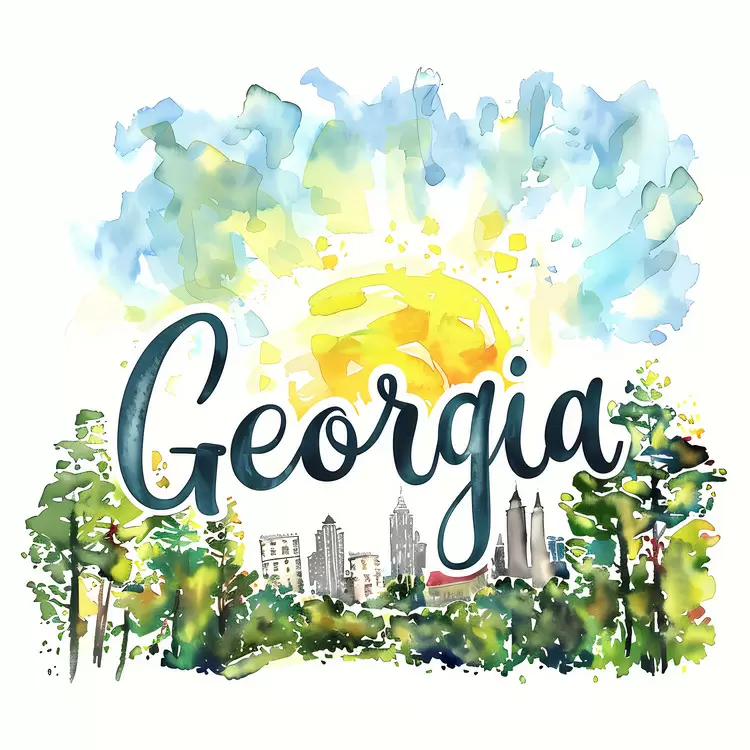 Hills and mountains Georgia Watercolor painting Green trees Sunscreen shades