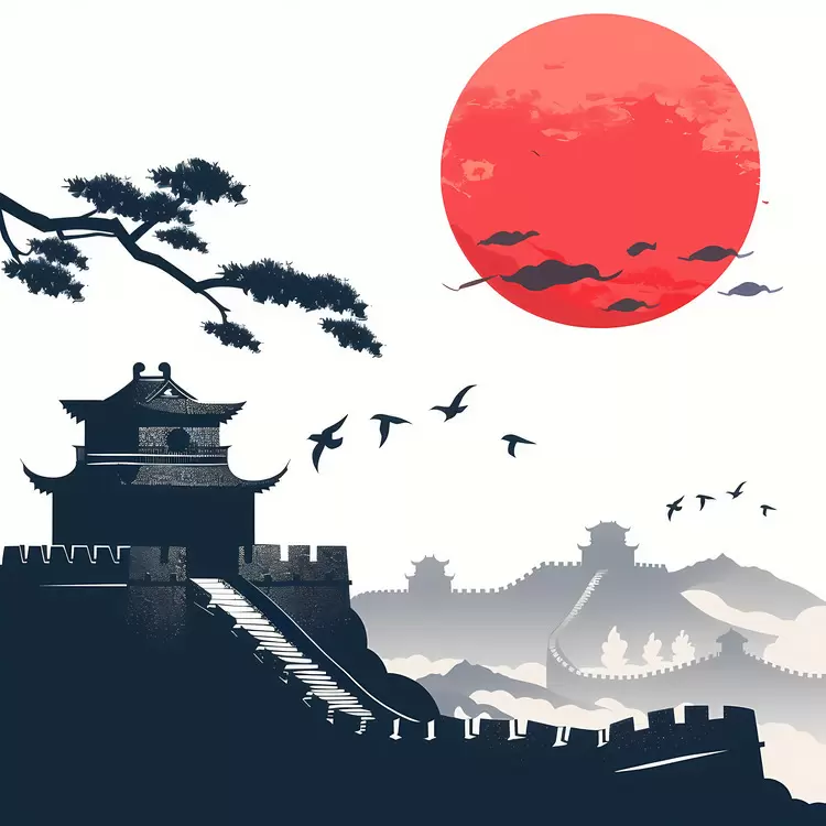 trees background sunrise flying birds chinese