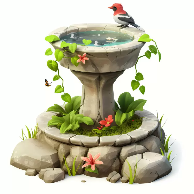 bird bath water feature rocks greenery