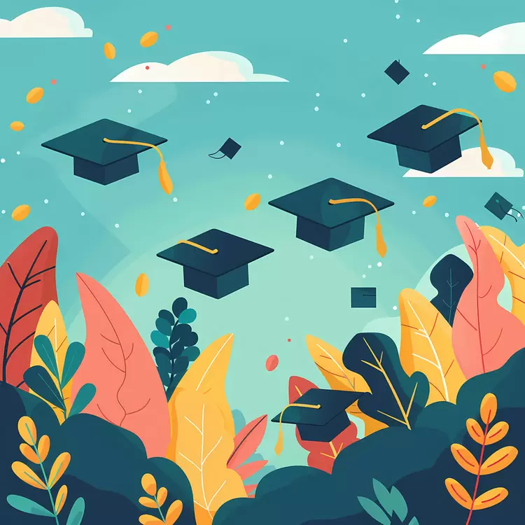 Graduation Blue sky with a few clouds Flowers in the background Fall leaves in the background Green trees and bushes