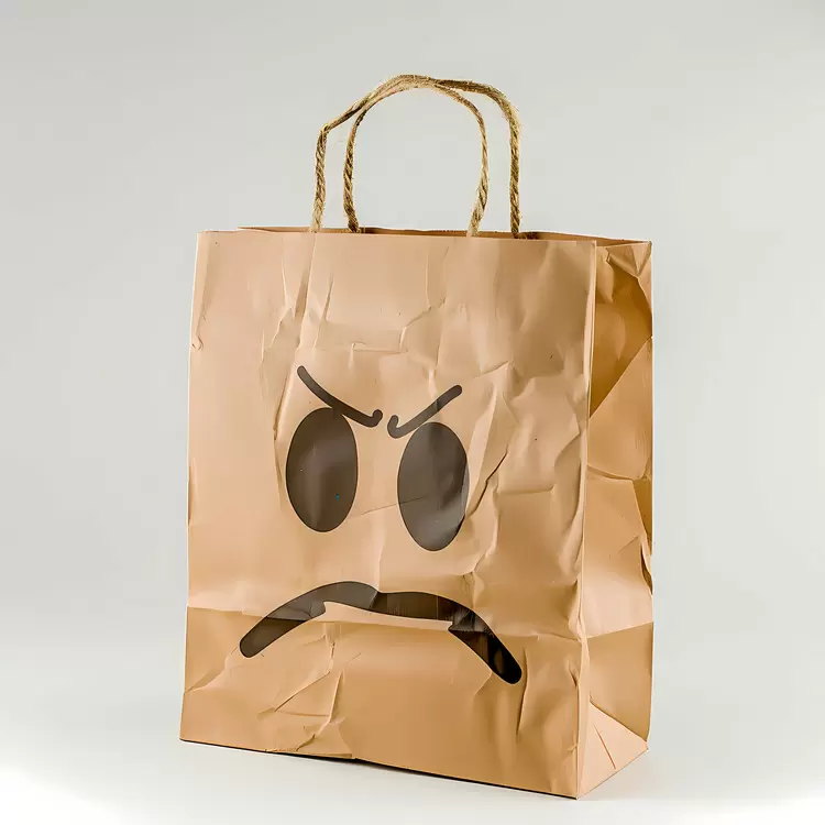 Frustrated visage Brown paper bag Unhappy expression emoji Furious countenance