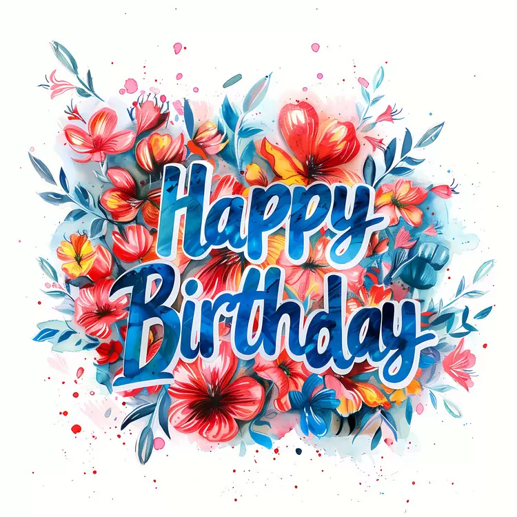 Watercolor Colorful Flowers Words Happy Birthday