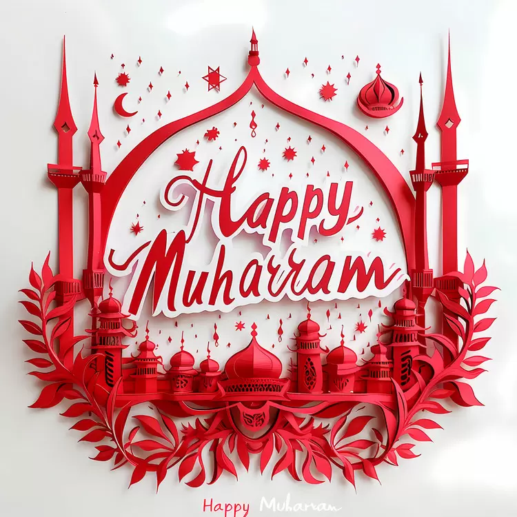 red on white background Happy Muharram mosque design paper cut design mughamar