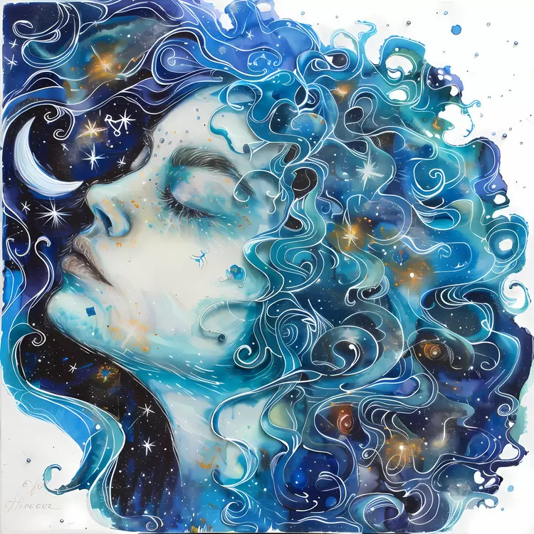 head blue sky curly hair night sky moon
