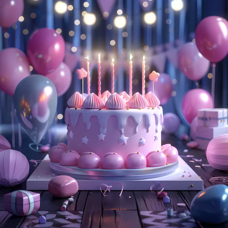 Pink birthday cake Lights Happy Birthday banner Party Streamers