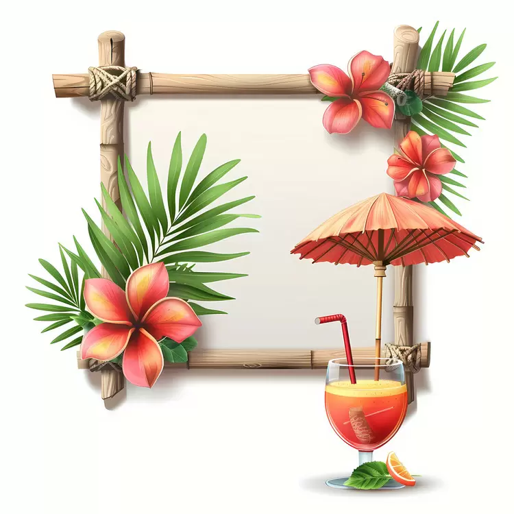pink and green flowers bamboo leaves frame for a sign tropical drink palm leaves