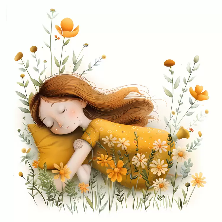 yellow flowers girl's hair girl lying down