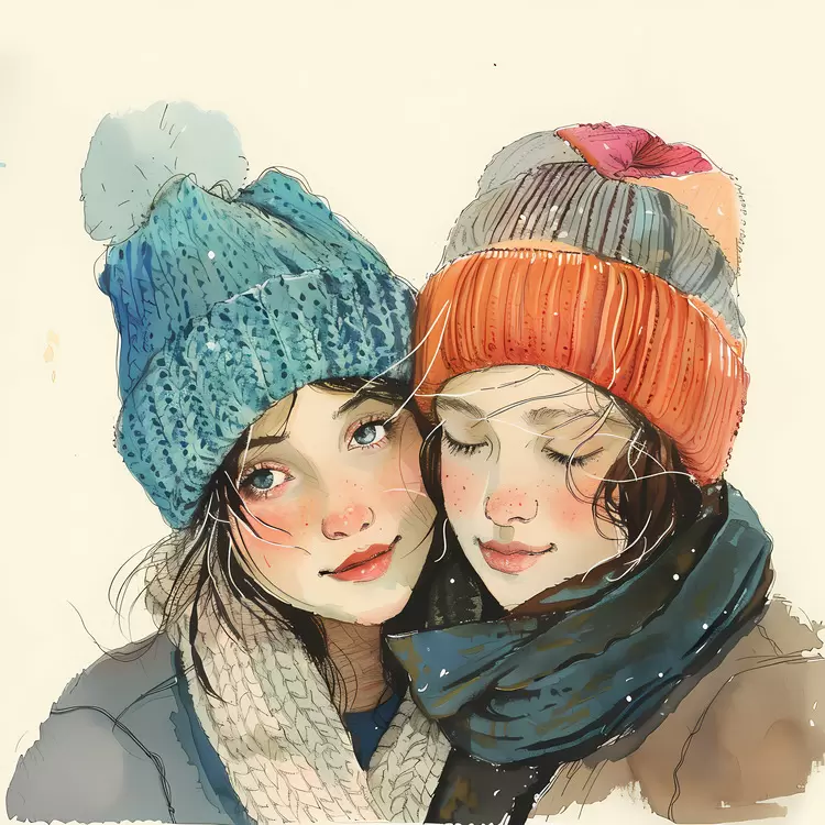 winter outfit warm colors knit cap happy expression artwork
