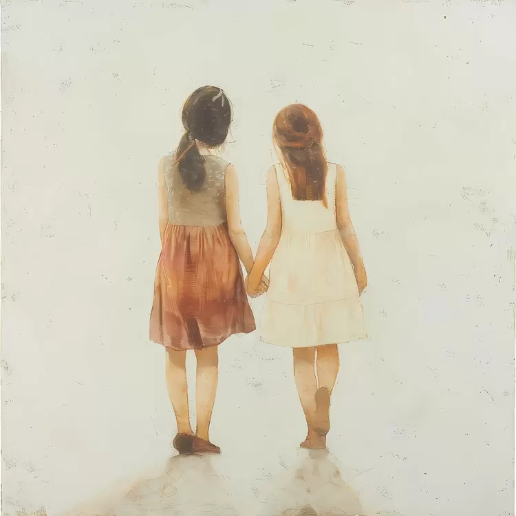 brown dress hand in hand white dress side by side girls