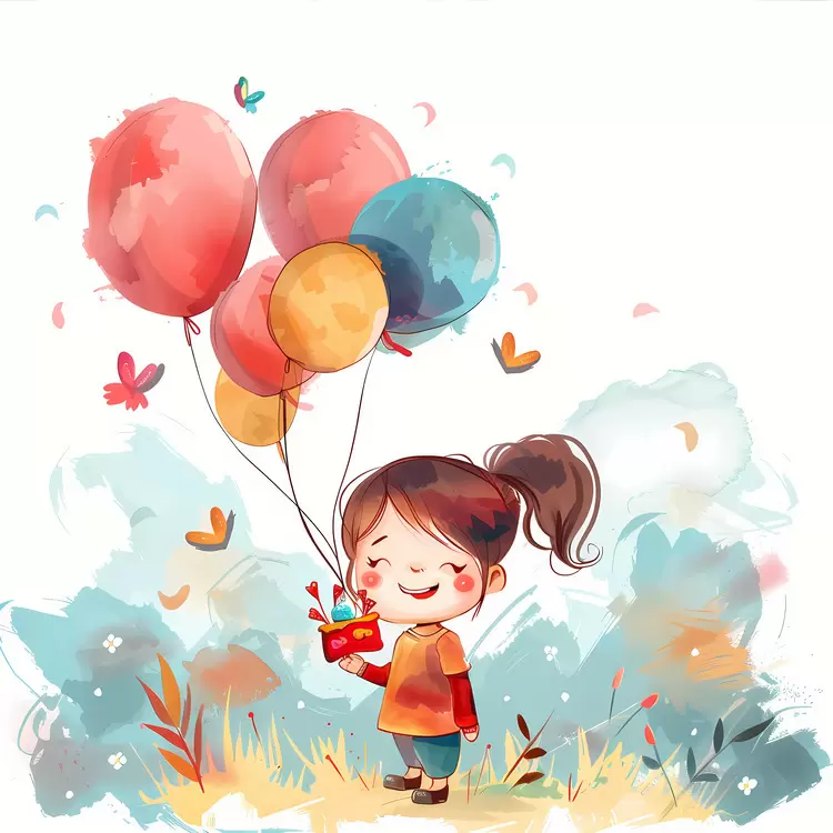 happy children's illustration balloon surprise girl holding balloons playful artwork watercolor painting