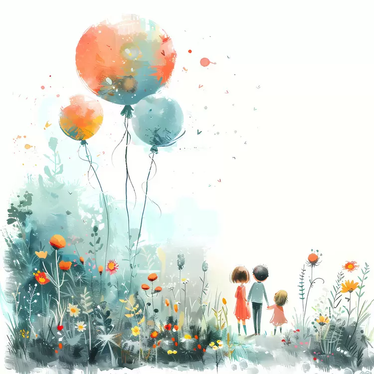 children playing with balloons in the garden illustration of children playing in the grass children in the meadow with balloons Childrens Day children playing in the sunflower field
