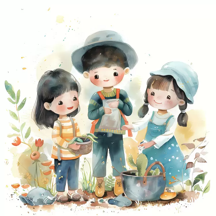 Nature and plants Watercolor painting The mood of the   is happy and light Outdoor activity Gardening