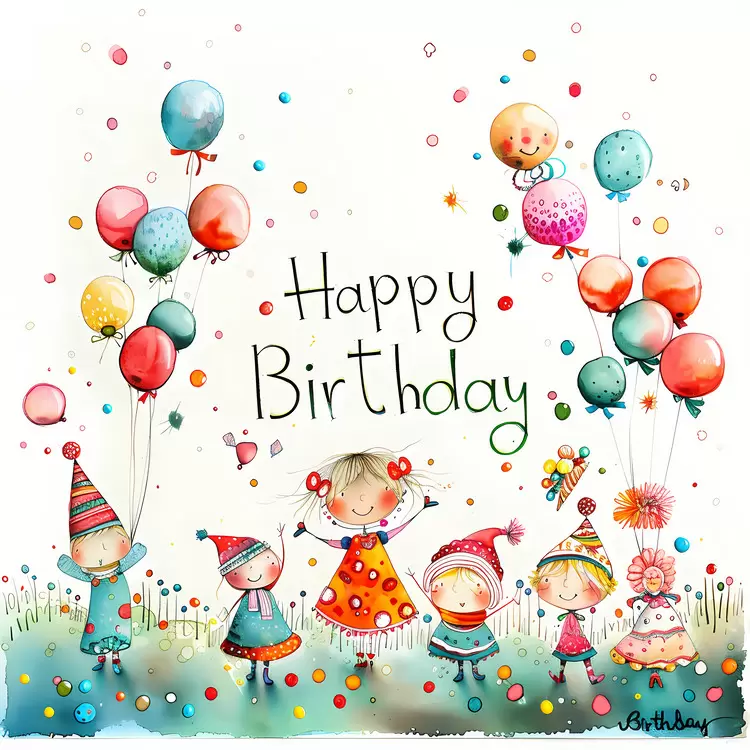 Children playing with balloons Bright colors Happy Birthday Abstract art Watercolor painting
