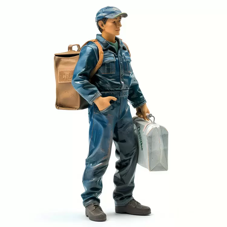 brown hair Postal Worker blue overalls blue jacket black shoes