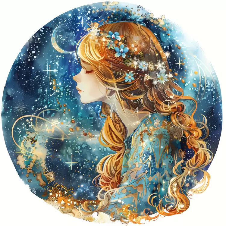 blue dress girl nightime long hair celestial body